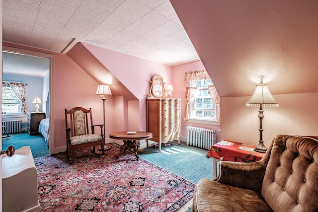 carpeted living room featuring radiator and plenty of natural light