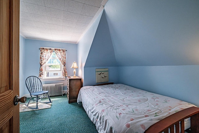 bedroom featuring radiator, carpet flooring, and lofted ceiling