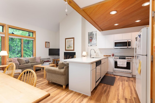 2396 Hemlock Dr Unit 2396, Carrabassett Valley, ME 04947 - kitchen with white appliances, a sink, a peninsula, light wood-style floors, and open floor plan
