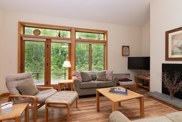 2396 Hemlock Dr Unit 2396, Carrabassett Valley, ME 04947 - living room featuring light wood finished floors and vaulted ceiling