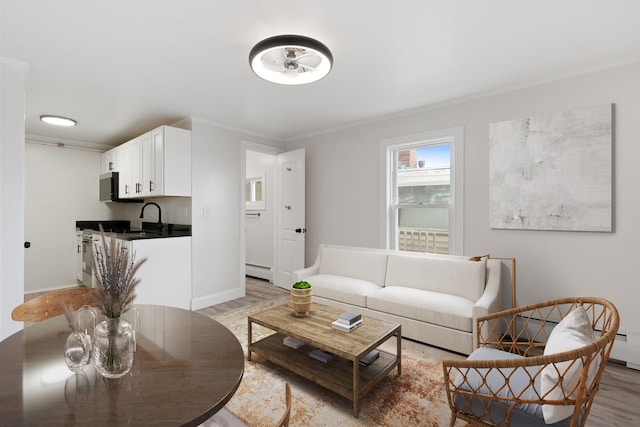 5 Kinney Ave Unit 303, Old Orchard Beach, ME 04064 - living room with light wood-style floors, ornamental molding, baseboards, and a baseboard heating unit