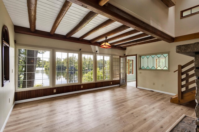 30 Otter Cove Ln, North Berwick, ME 03906 - unfurnished living room featuring beam ceiling, a water view, light wood-style floors, and baseboards