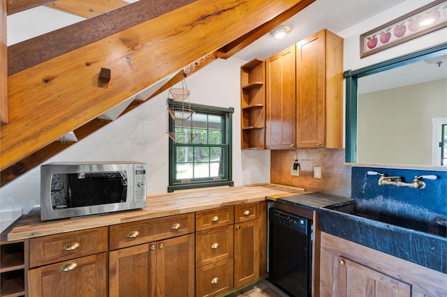30 Otter Cove Ln, North Berwick, ME 03906 - kitchen featuring wooden counters, dishwasher, stainless steel microwave, open shelves, and backsplash