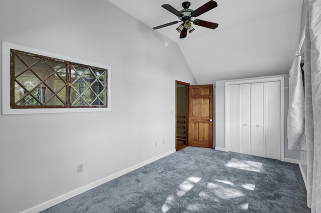30 Otter Cove Ln, North Berwick, ME 03906 - unfurnished bedroom with vaulted ceiling, carpet flooring, baseboards, a closet, and ceiling fan