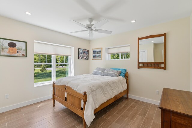 29 Bay Field Dr, Woolwich, ME 04579 - bedroom featuring wood finished floors, recessed lighting, and a ceiling fan