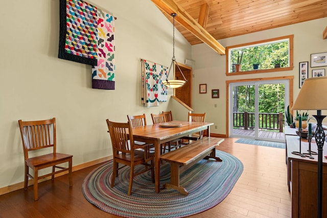 21 Jones Dr, Hartford, ME 04220 - dining space with a wooden ceiling with exposed beams, wood finished floors, and high vaulted ceiling