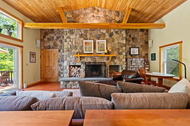 21 Jones Dr, Hartford, ME 04220 - living room featuring wood ceiling, a stone fireplace, and wood finished floors