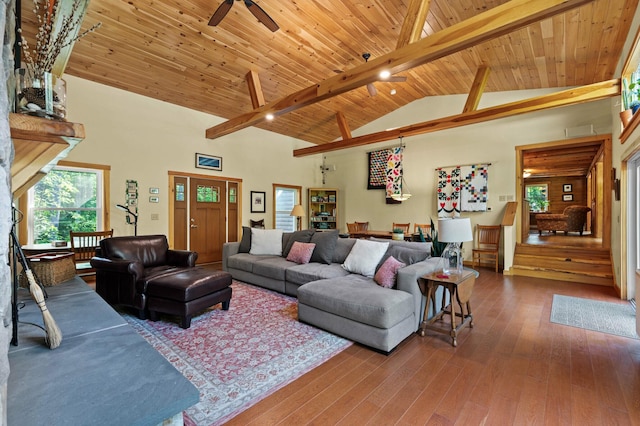 21 Jones Dr, Hartford, ME 04220 - living area with a ceiling fan, hardwood / wood-style flooring, a wooden ceiling with exposed beams, and high vaulted ceiling