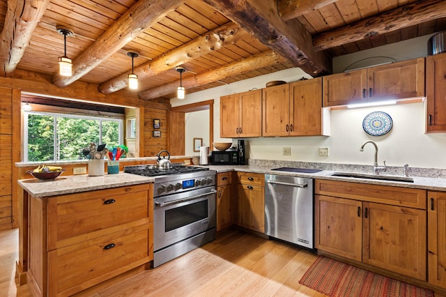 21 Jones Dr, Hartford, ME 04220 - kitchen featuring appliances with stainless steel finishes, a wooden ceiling with exposed beams, light wood-style flooring, a peninsula, and light stone countertops
