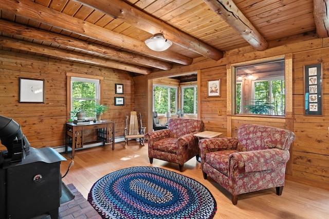21 Jones Dr, Hartford, ME 04220 - living area featuring a wood ceiling with exposed beams, wood-type flooring, and wood walls