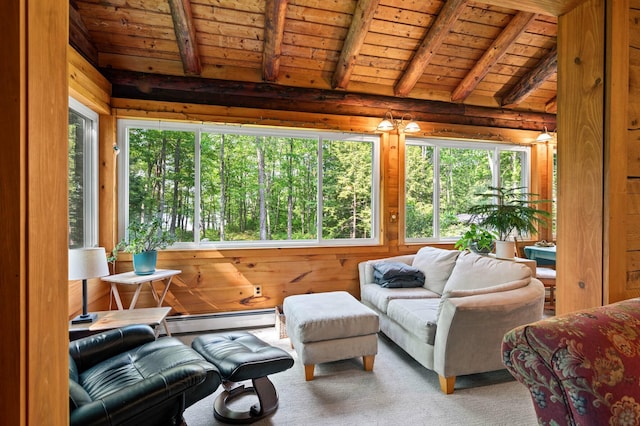 21 Jones Dr, Hartford, ME 04220 - sunroom with a baseboard radiator, wood ceiling, plenty of natural light, wooden walls, and carpet