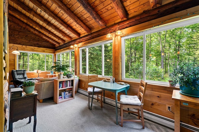 21 Jones Dr, Hartford, ME 04220 - sunroom featuring wooden ceiling, a baseboard radiator, carpet floors, and wood walls