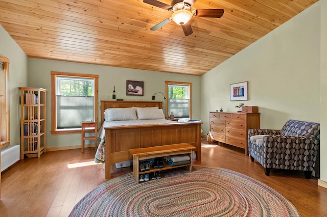 21 Jones Dr, Hartford, ME 04220 - bedroom with wood finished floors, wooden ceiling, lofted ceiling, and ceiling fan