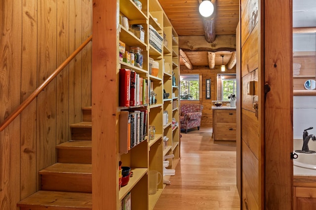 21 Jones Dr, Hartford, ME 04220 - stairs featuring wood finished floors, a wooden ceiling with exposed beams, and wood walls