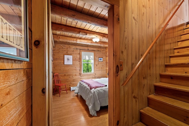 21 Jones Dr, Hartford, ME 04220 - bedroom with wood walls, light wood finished floors, a wood ceiling with exposed beams, and baseboard heating