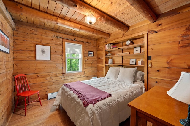 21 Jones Dr, Hartford, ME 04220 - bedroom featuring a wooden ceiling with exposed beams, baseboard heating, wood finished floors, and wood walls