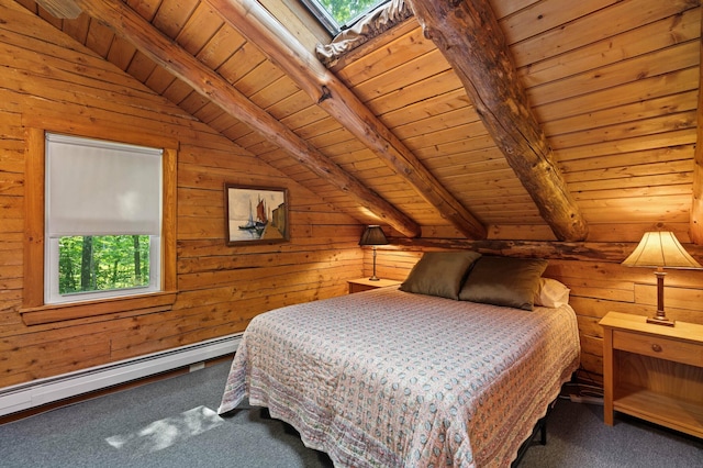 21 Jones Dr, Hartford, ME 04220 - carpeted bedroom featuring a baseboard radiator, wooden ceiling, and wood walls