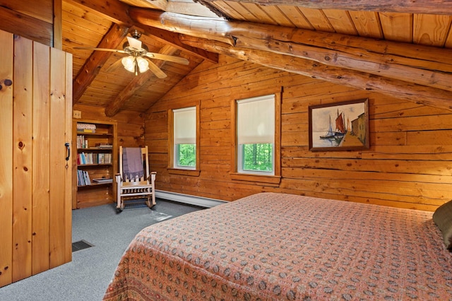 21 Jones Dr, Hartford, ME 04220 - carpeted bedroom with wood ceiling, wooden walls, and a baseboard heating unit