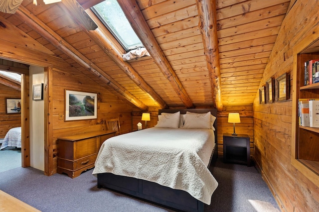 21 Jones Dr, Hartford, ME 04220 - carpeted bedroom with wooden ceiling, wood walls, and a skylight