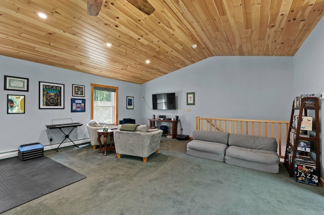 21 Jones Dr, Hartford, ME 04220 - carpeted living area with wood ceiling, vaulted ceiling, recessed lighting, and a baseboard radiator