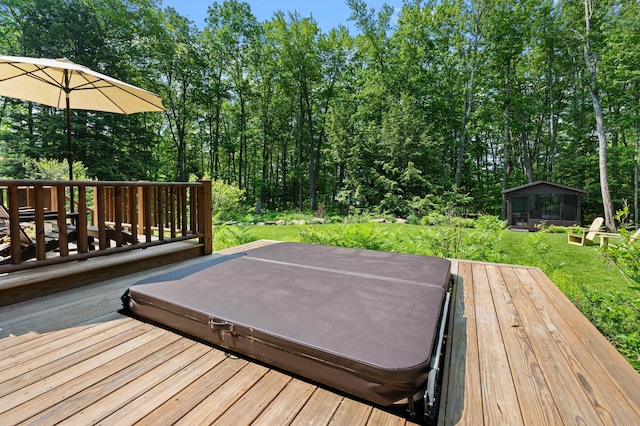 21 Jones Dr, Hartford, ME 04220 - wooden terrace featuring a covered hot tub and a yard