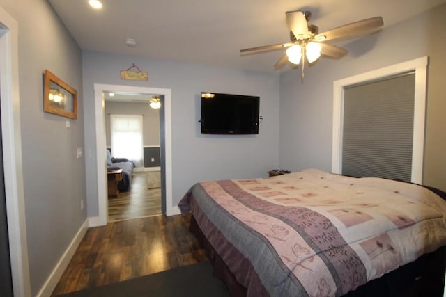 9 Springer Ln, Morrill, ME 04952 - bedroom featuring dark wood finished floors, baseboards, ceiling fan, and recessed lighting