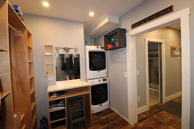 9 Springer Ln, Morrill, ME 04952 - washroom with estacked washer and dryer, wood finished floors, recessed lighting, and baseboards
