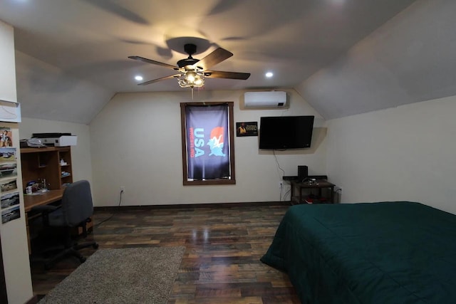 9 Springer Ln, Morrill, ME 04952 - bedroom featuring a wall mounted AC, lofted ceiling, wood finished floors, an office area, and baseboards