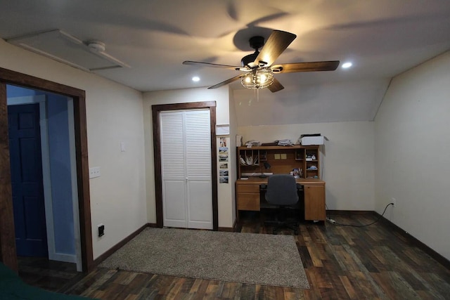 9 Springer Ln, Morrill, ME 04952 - office space with dark wood finished floors, a ceiling fan, recessed lighting, baseboards, and lofted ceiling