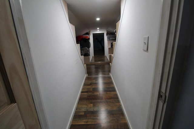 9 Springer Ln, Morrill, ME 04952 - hallway with dark wood-type flooring, baseboards, recessed lighting, and vaulted ceiling