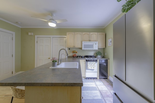 18 Sherman St Unit 4, Portland, ME 04101 - kitchen featuring white appliances, light brown cabinets, dark countertops, ornamental molding, and ceiling fan