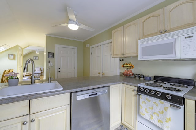 18 Sherman St Unit 4, Portland, ME 04101 - kitchen featuring white appliances, a ceiling fan, ornamental molding, and a peninsula