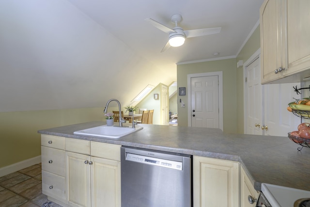 18 Sherman St Unit 4, Portland, ME 04101 - kitchen with stainless steel dishwasher, a ceiling fan, ornamental molding, stone finish flooring, and a peninsula