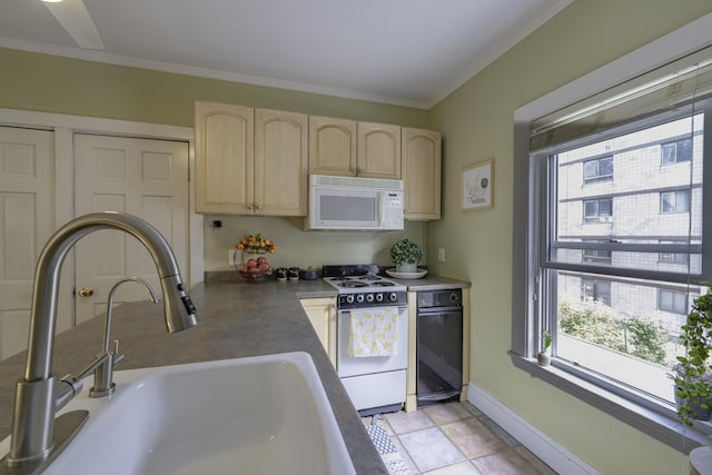 18 Sherman St Unit 4, Portland, ME 04101 - kitchen with white appliances, light brown cabinets, healthy amount of natural light, ornamental molding, and light stone finish floors