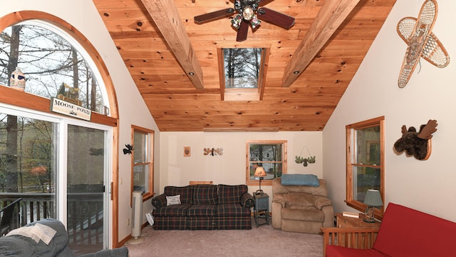 110 Indian Point Dr, Denmark, ME 04022 - living area with wooden ceiling, carpet floors, high vaulted ceiling, and ceiling fan