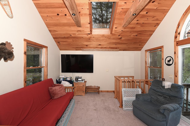 110 Indian Point Dr, Denmark, ME 04022 - living room featuring light colored carpet, wooden ceiling, and baseboards