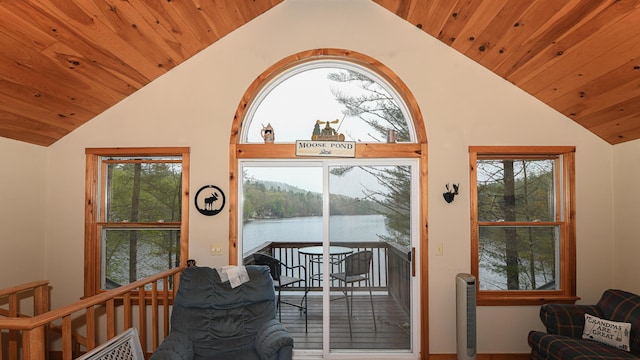 110 Indian Point Dr, Denmark, ME 04022 - doorway to outside featuring wooden ceiling, high vaulted ceiling, and a water view