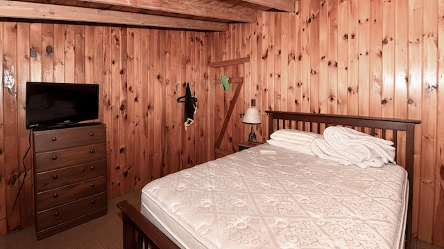 110 Indian Point Dr, Denmark, ME 04022 - bedroom with beam ceiling and wooden walls