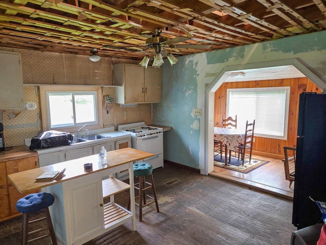 291 Pea Ridge Rd, Chester, ME 04457 - kitchen featuring white gas range, a sink, freestanding refrigerator, dark wood-style flooring, and ceiling fan