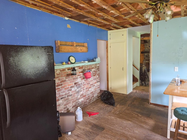 291 Pea Ridge Rd, Chester, ME 04457 - kitchen featuring freestanding refrigerator, wood finished floors, and ceiling fan