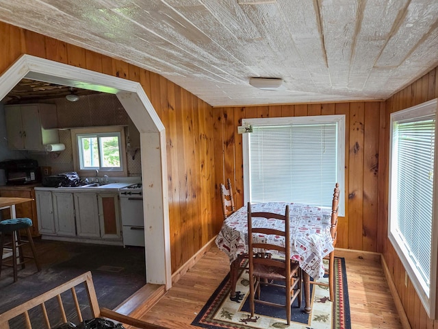 291 Pea Ridge Rd, Chester, ME 04457 - dining space featuring wood walls, light wood-style flooring, and baseboards