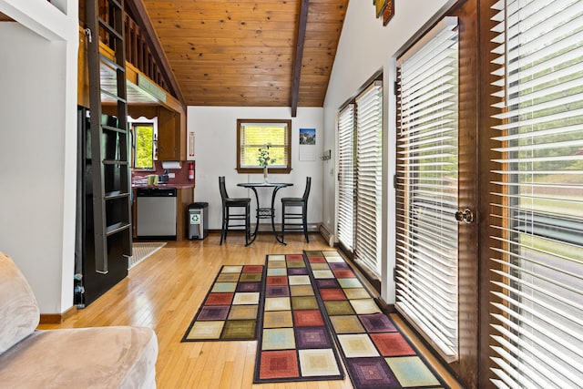 2 Flynn Rd, Raymond, ME 04071 - hallway with wood-type flooring, lofted ceiling, wood ceiling, and baseboards