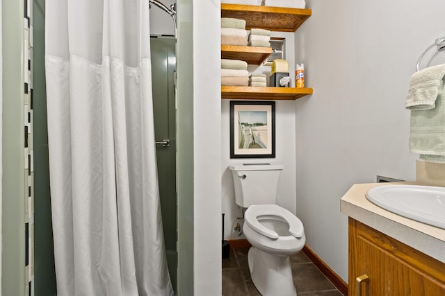 2 Flynn Rd, Raymond, ME 04071 - full bath with vanity, toilet, a shower with curtain, tile patterned floors, and baseboards