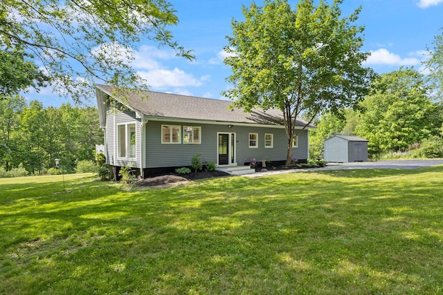 142 Hacker Rd, Brunswick, ME 04011 - single story home with a shed, a front lawn, and roof with shingles
