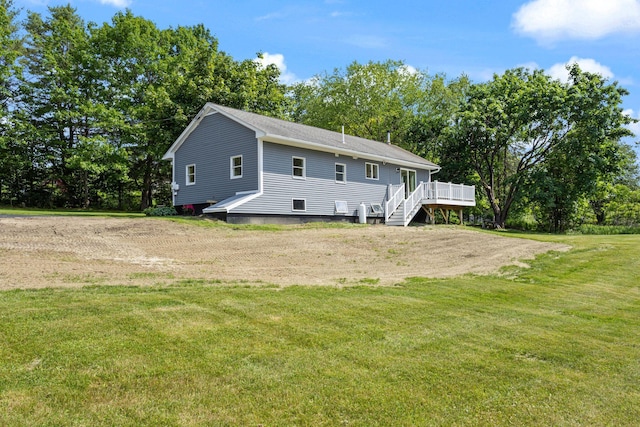 142 Hacker Rd, Brunswick, ME 04011 - rear view of house featuring a wooden deck, a lawn, stairs, and view of scattered trees