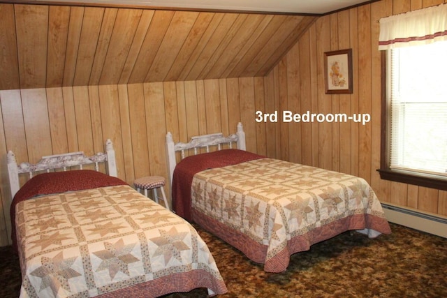 225 Webber Ave, Lewiston, ME 04240 - bedroom featuring wooden walls, lofted ceiling, baseboard heating, and carpet