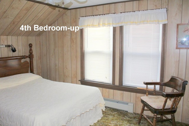 225 Webber Ave, Lewiston, ME 04240 - bedroom with a baseboard radiator, wood walls, and lofted ceiling