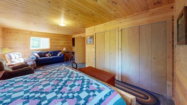 168 W Tucker Ridge Rd, Springfield, ME 04487 - bedroom featuring wooden walls, wooden ceiling, and multiple closets