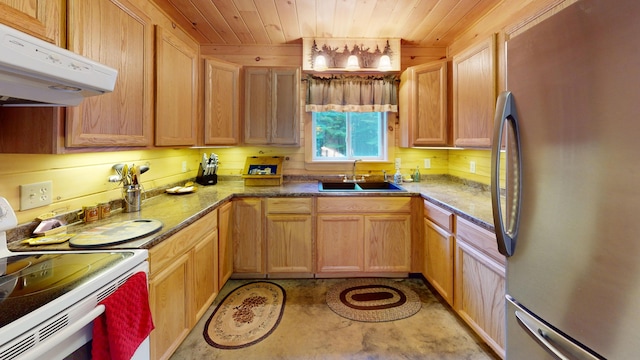168 W Tucker Ridge Rd, Springfield, ME 04487 - kitchen featuring freestanding refrigerator, white electric range oven, a sink, wood ceiling, and under cabinet range hood