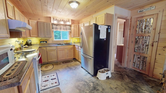 168 W Tucker Ridge Rd, Springfield, ME 04487 - kitchen featuring under cabinet range hood, white appliances, a sink, concrete floors, and light brown cabinets